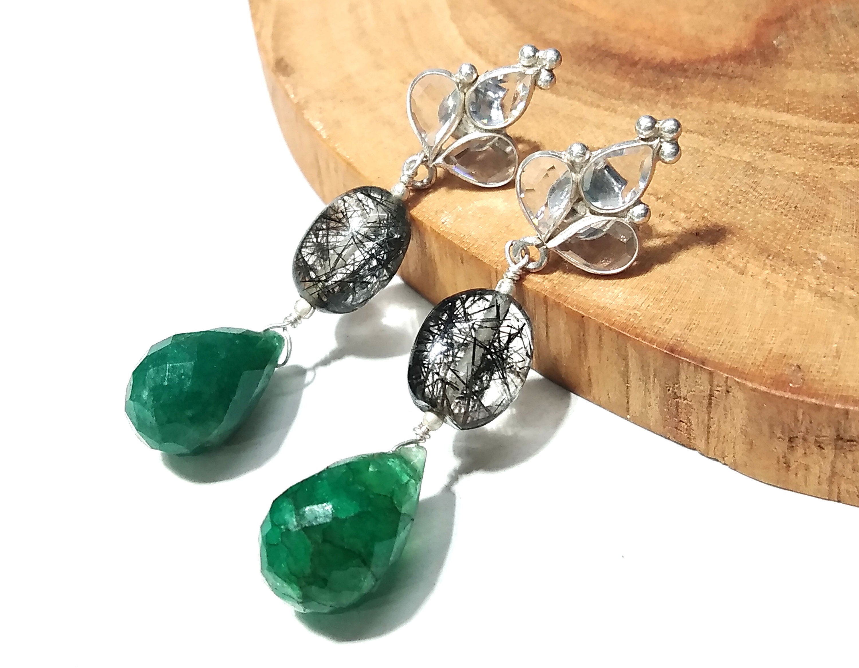 Beautiful Rutile Quartz/Zircon And Green Jade Gemstone Earrings ! 925 Silver With Natural Gemstone Zircon Faceted & Rutile Quartz Earrings